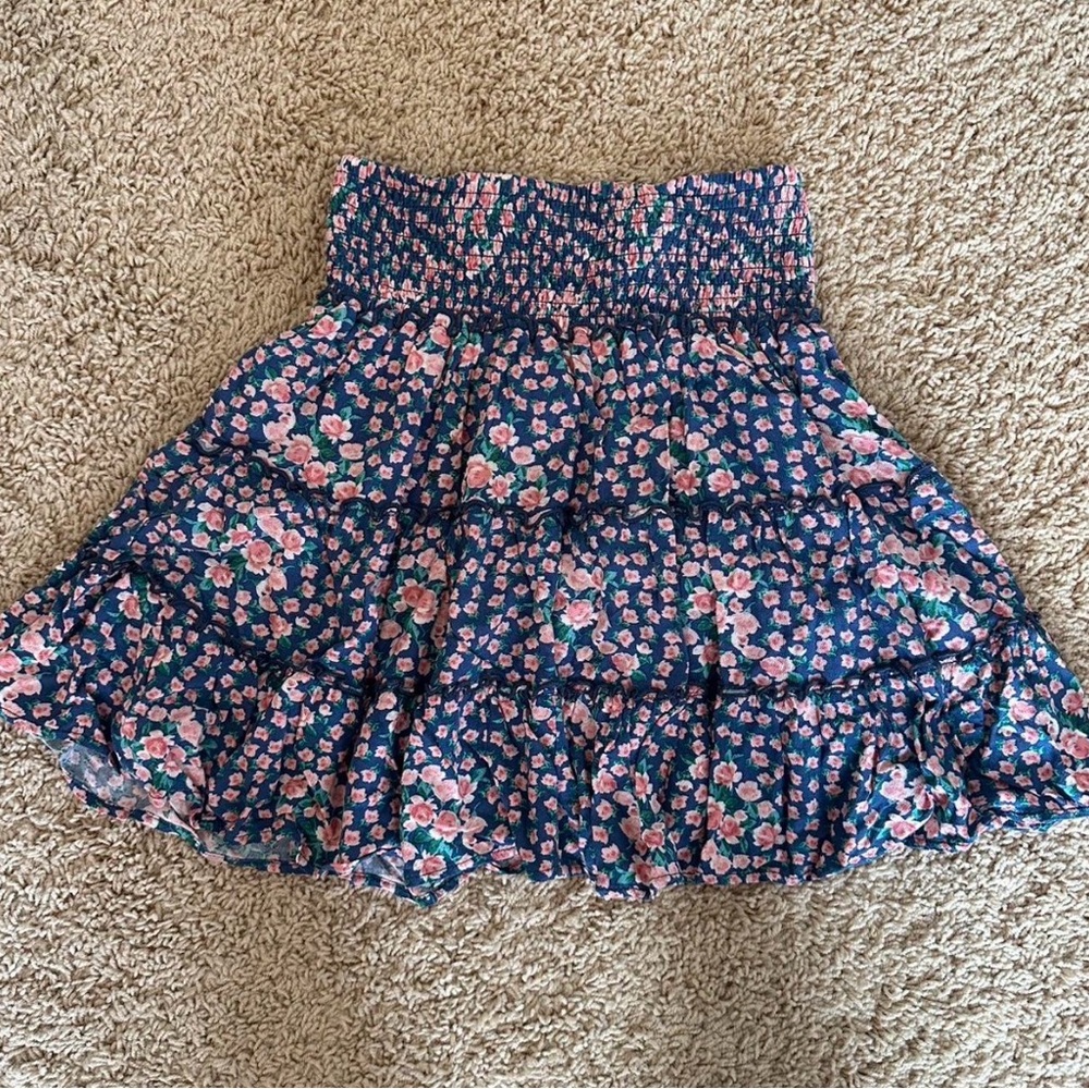 American Eagle Outfitters Navy Floral Smocked Waist Tiered Skirt